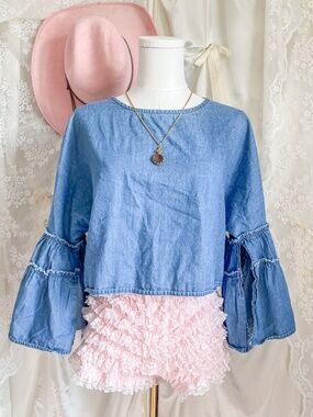 Light Wash Cotton Denim Peasant Top Bell Sleeve Boho Blouse Cottagecore Western